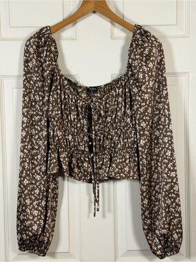Brown Floral Smocked Tie-Front Crop Top - Unknown Brand